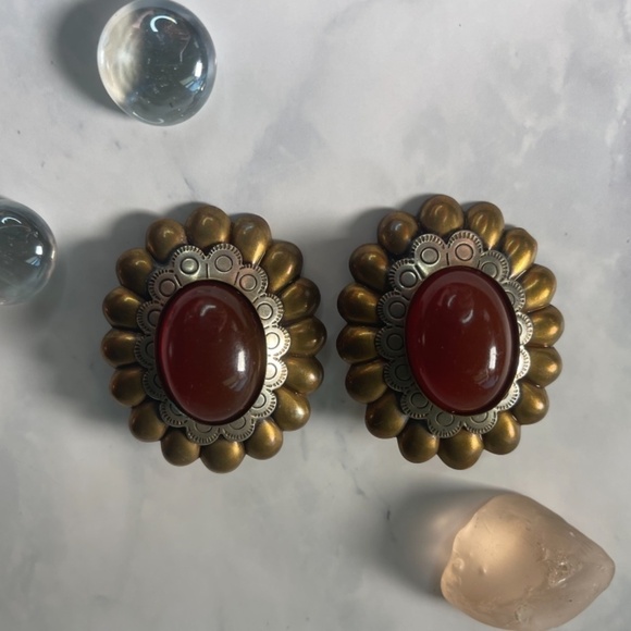 Vintage Marjorie Baer SF Clip Earrings - Brass Tone, Sterling, and Cabochon - Picture 1 of 7